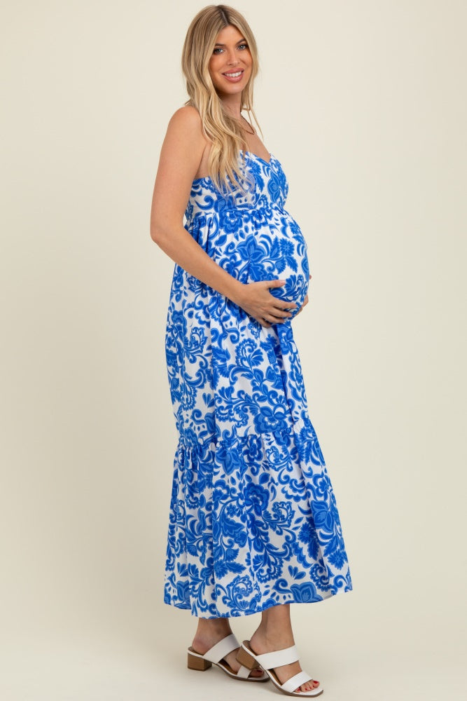 Blue Floral Flowy Ruffle Hem Maternity Maxi Dress Blue Floral Flowy Ruffle Hem Maternity Maxi Dress