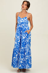 Blue Floral Flowy Ruffle Hem Maxi Dress