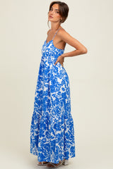 Blue Floral Flowy Ruffle Hem Maxi Dress