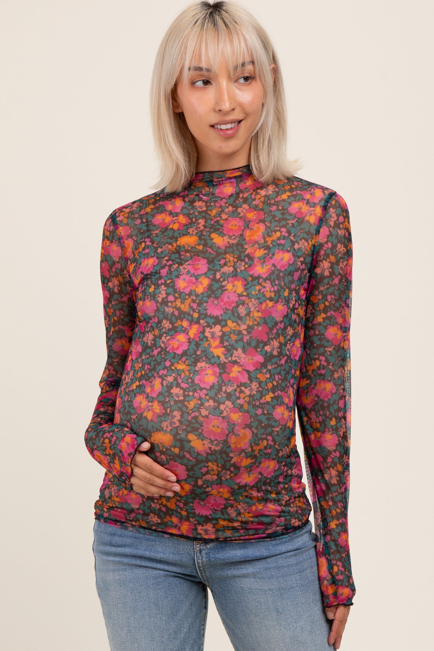 Black Floral Mesh Long Sleeve Turtle Neck Maternity Top