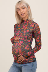 Black Floral Mesh Long Sleeve Turtle Neck Maternity Top