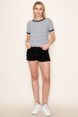 Navy Blue Striped Short Sleeve Top
