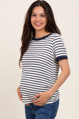 Navy Blue Striped Short Sleeve Maternity Top