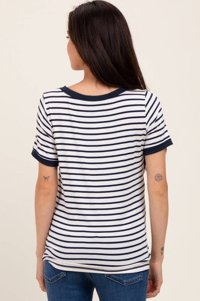 Navy Blue Striped Short Sleeve Maternity Top