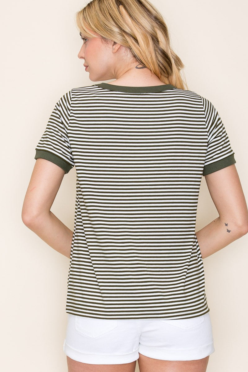 Olive Striped Short Sleeve Top