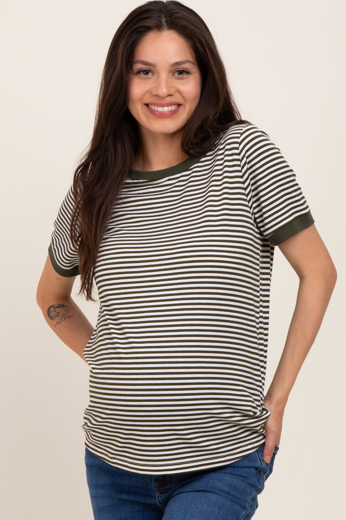 Olive Striped Short Sleeve Maternity Top