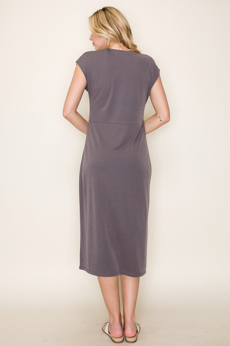 Charcoal Solid Short Sleeve Midi Dress