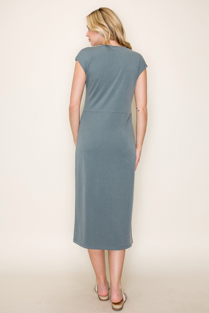 Light Olive Solid Short Sleeve Midi Dress
