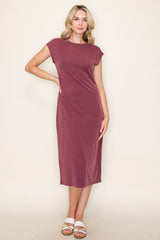 Burgundy Solid Short Sleeve Midi Dress