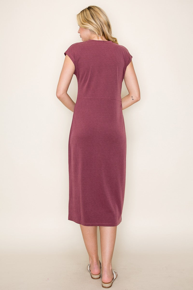 Burgundy Solid Short Sleeve Midi Dress