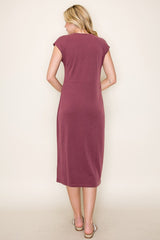 Burgundy Solid Short Sleeve Midi Dress