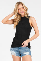 Black Textured Stripe Mock Neck Tank Top