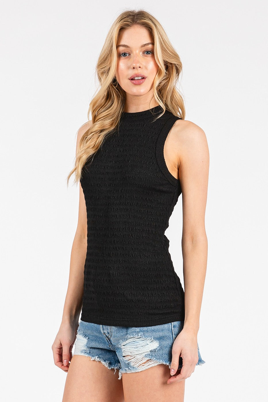 Black Textured Stripe Mock Neck Tank Top