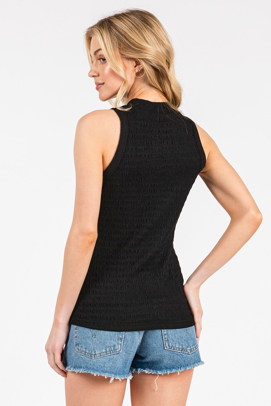 Black Textured Stripe Mock Neck Tank Top