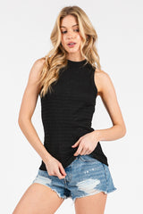 Black Textured Stripe Mock Neck Tank Top