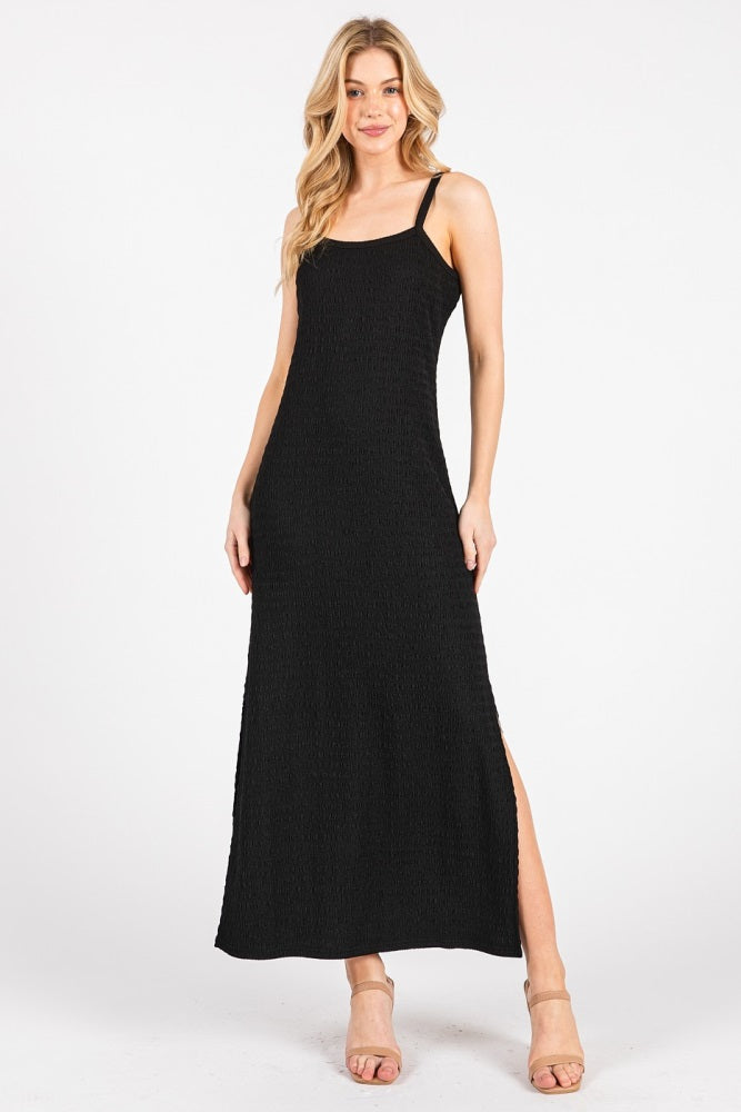 Black Textured Stripe Side Slit Maternity Maxi Dress