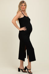 Black Textured Stripe Side Slit Maternity Maxi Dress