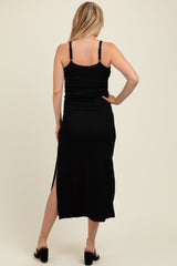 Black Textured Stripe Side Slit Maternity Maxi Dress