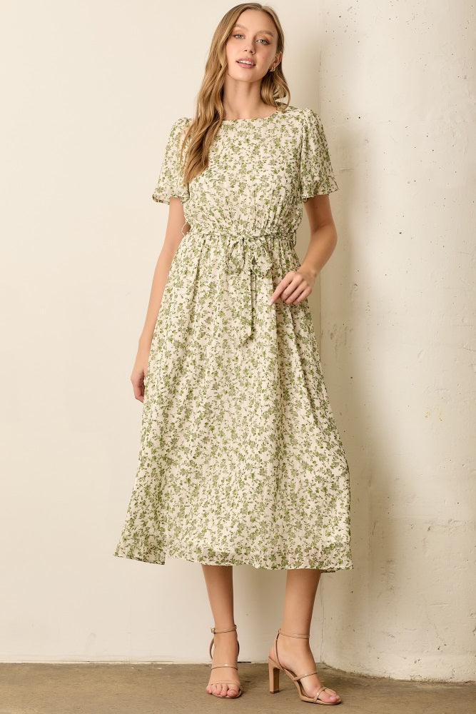 Light Olive Floral Waist Tie Maternity Midi Maxi Dress