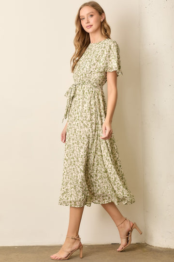 Light Olive Floral Waist Tie Midi Maxi Dress