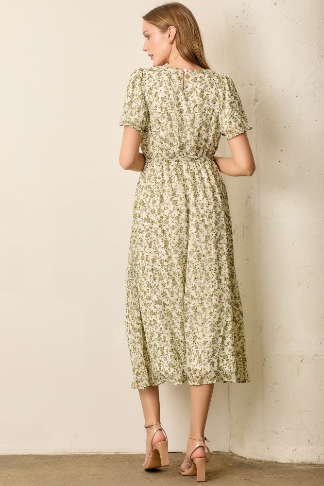 Light Olive Floral Waist Tie Midi Maxi Dress