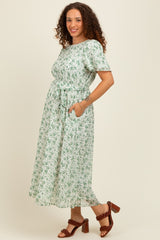 Light Olive Floral Waist Tie Maternity Midi Maxi Dress