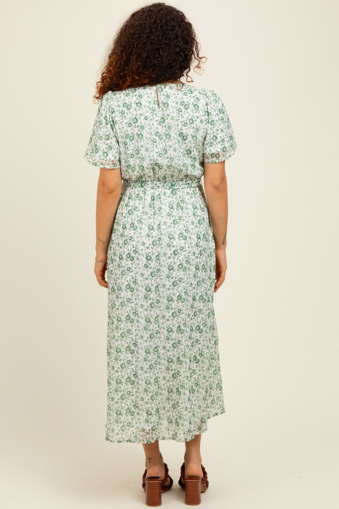 Light Olive Floral Waist Tie Maternity Midi Maxi Dress
