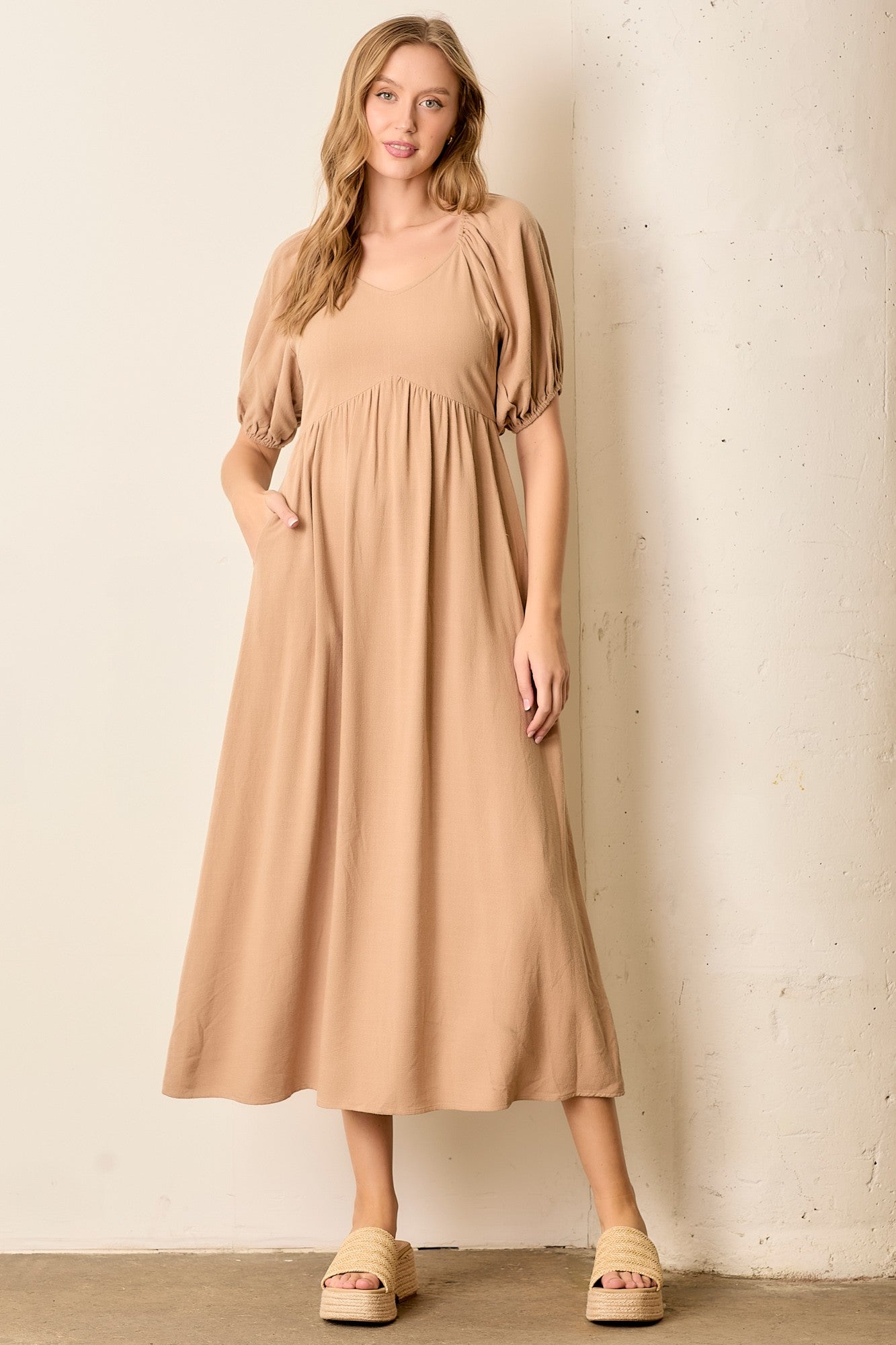 Tan Linen Short Puff Sleeve Midi Dress