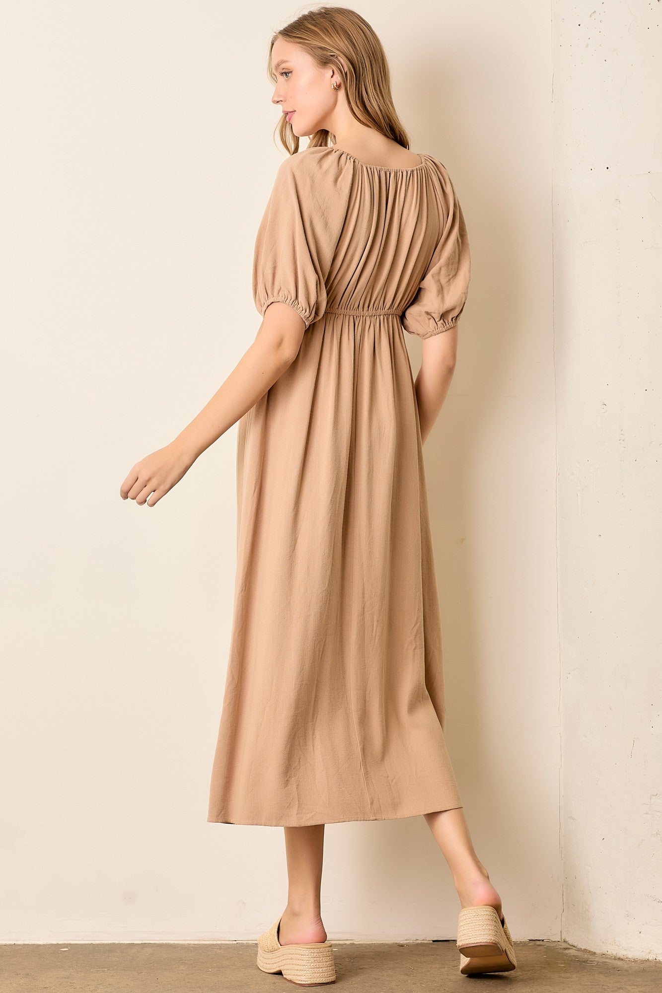 Tan Linen Short Puff Sleeve Midi Dress PinkBlush Tan Linen Short Puff Sleeve Midi Dress PinkBlush