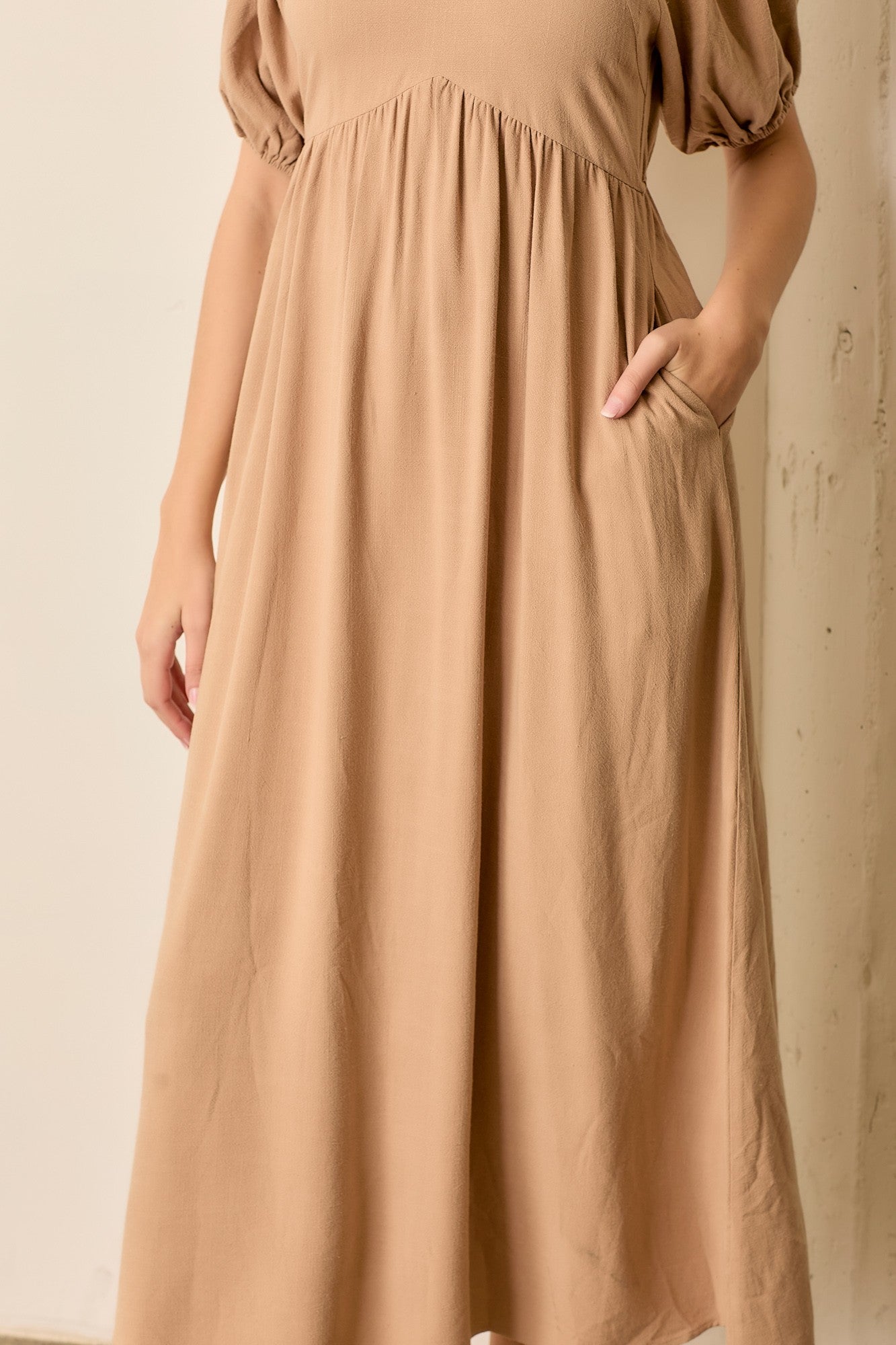 Tan Linen Short Puff Sleeve Midi Dress PinkBlush Tan Linen Short Puff Sleeve Midi Dress PinkBlush