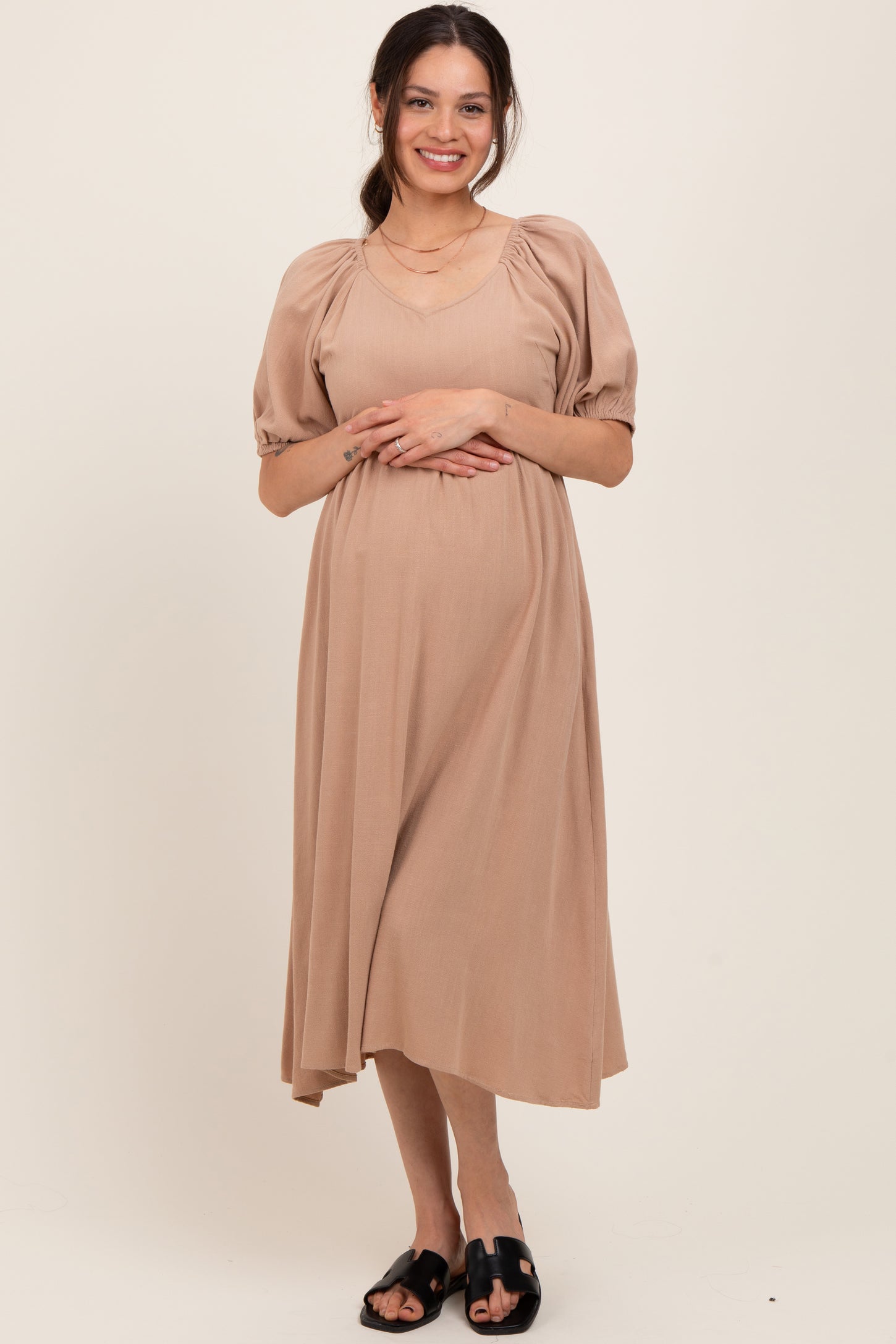 Tan Linen Short Puff Sleeve Maternity Midi Dress Tan Linen Short Puff Sleeve Maternity Midi Dress