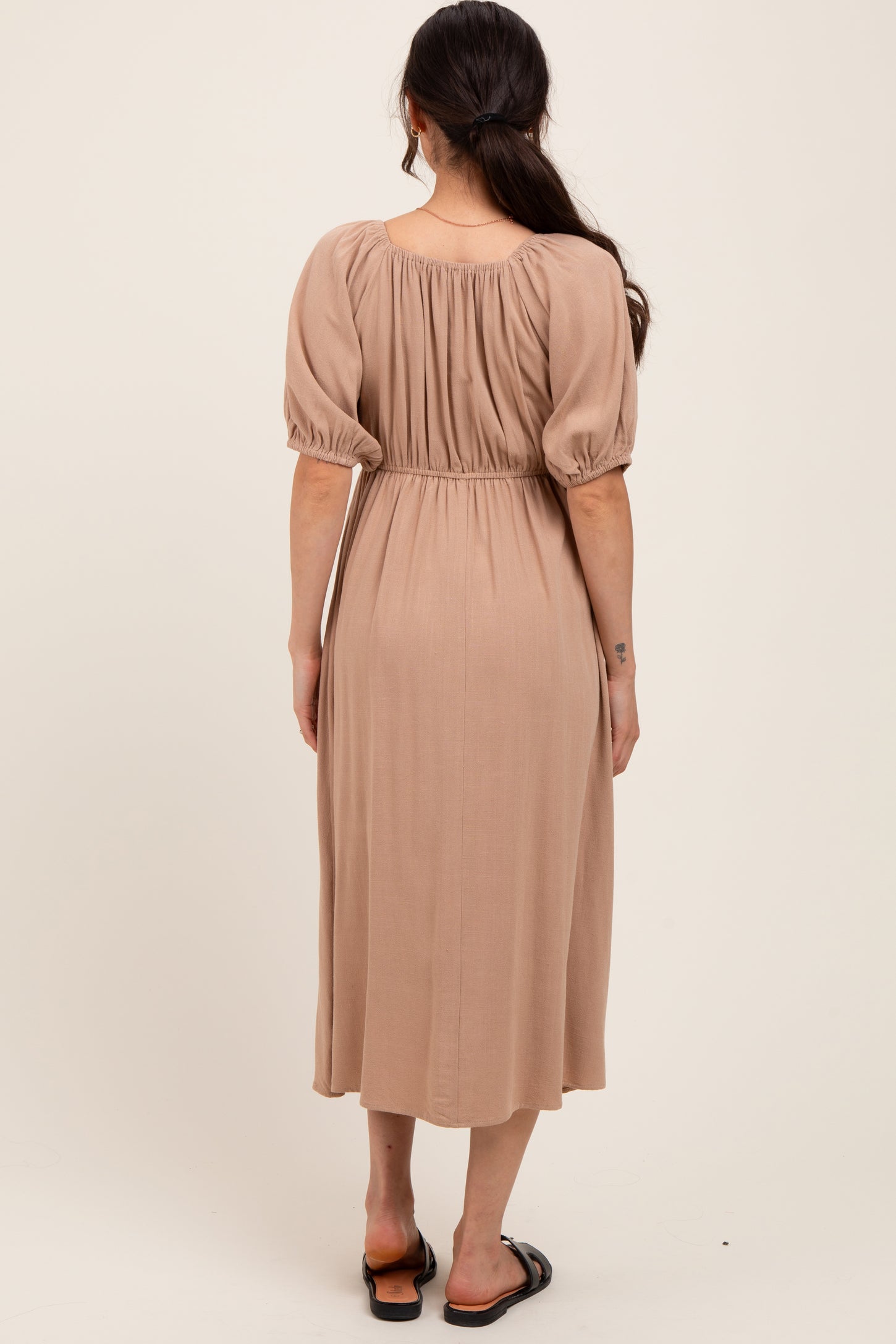 Tan Linen Short Puff Sleeve Maternity Midi Dress Tan Linen Short Puff Sleeve Maternity Midi Dress