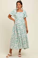 Sage Printed Square Neck Bubble Sleeve Maternity Maxi Dress