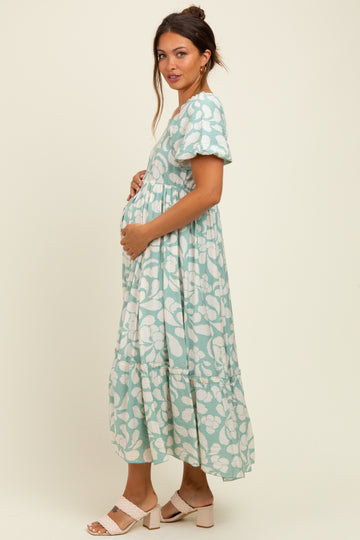 Sage Printed Square Neck Bubble Sleeve Maternity Maxi Dress