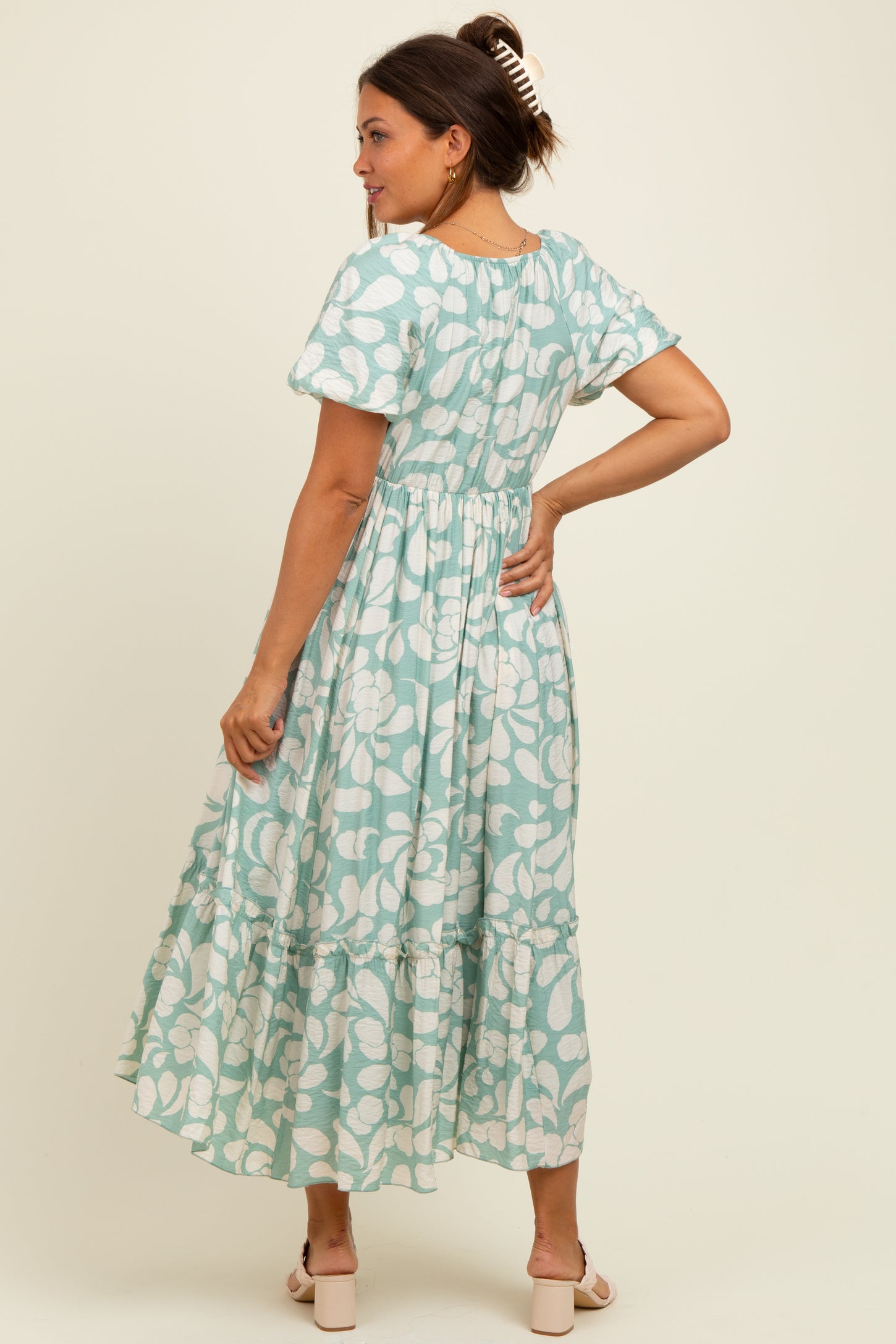 Sage Printed Square Neck Bubble Sleeve Maternity Maxi Dress