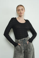 Black Lace Ruffle Neckline Maternity Long Sleeve Top