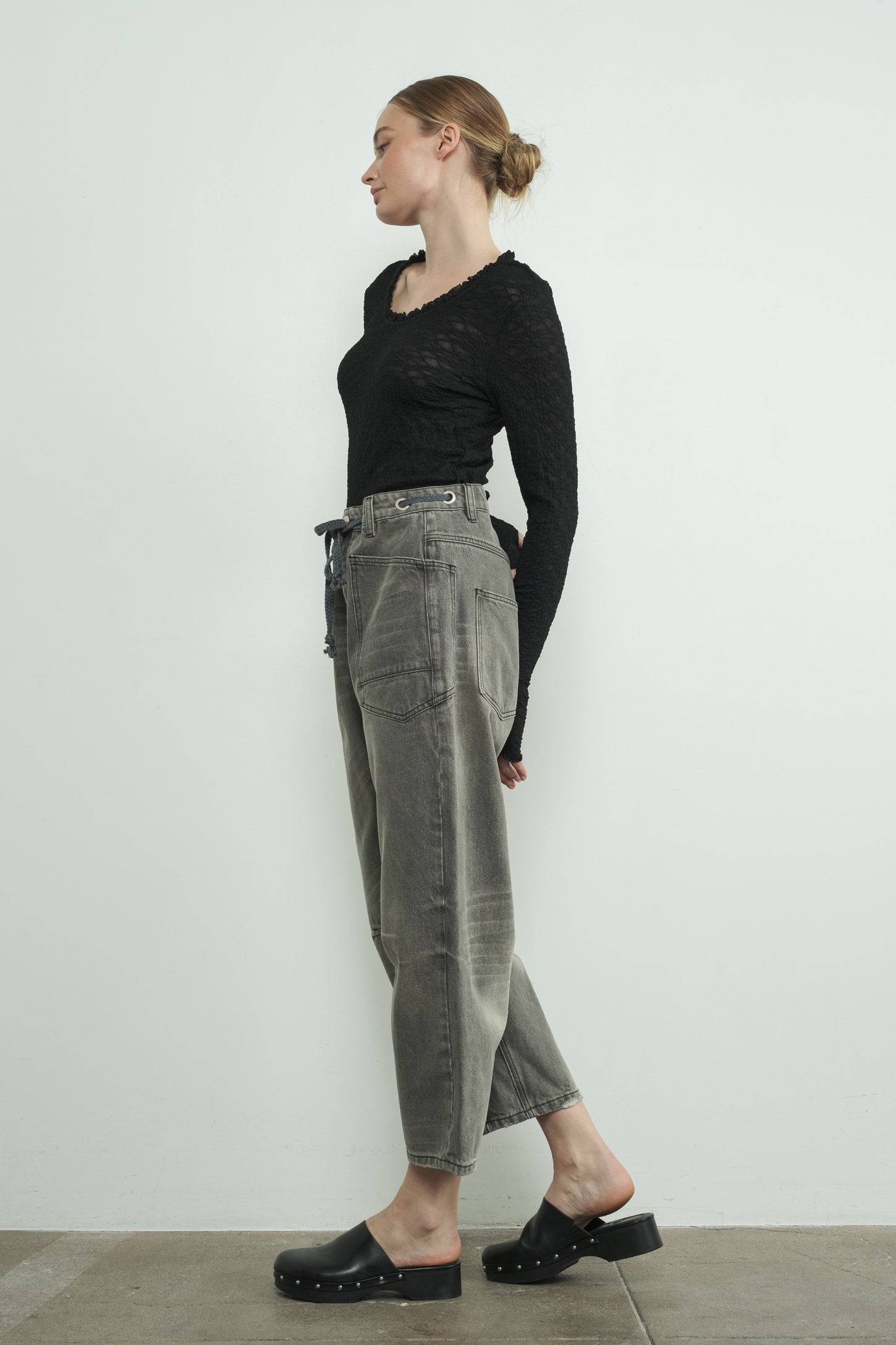 Black Lace Ruffle Neckline Long Sleeve Top