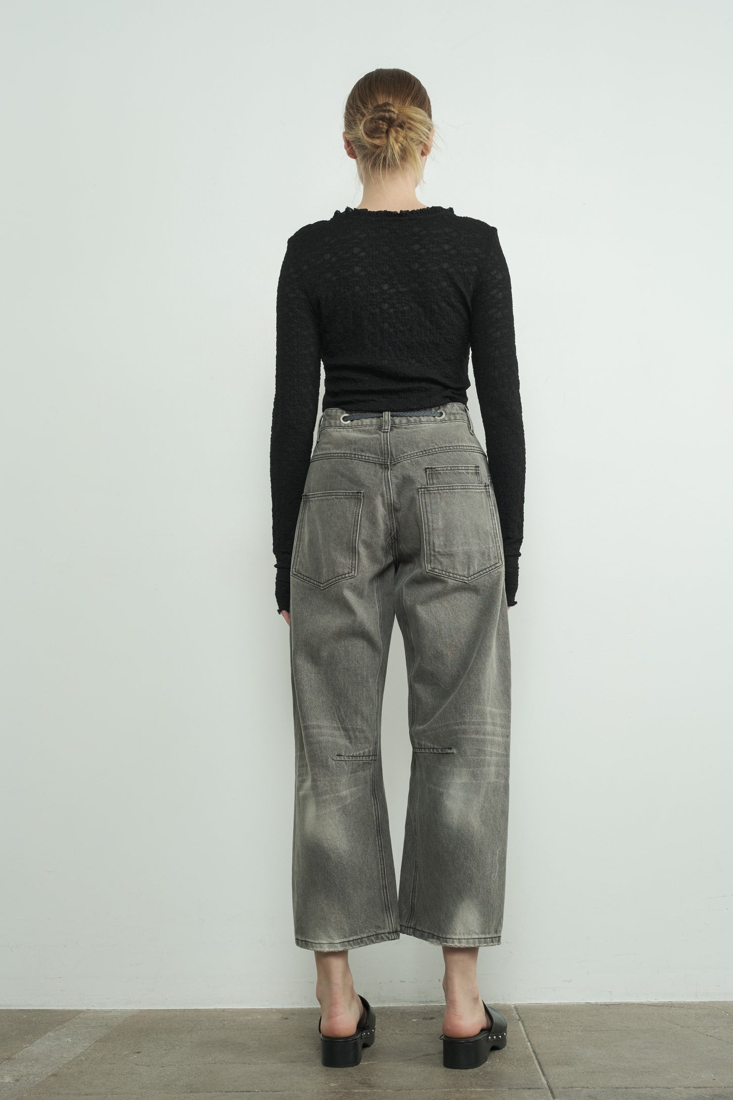 Black Lace Ruffle Neckline Long Sleeve Top