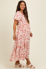 Pink Printed Square Neck Bubble Sleeve Maternity Maxi Dress