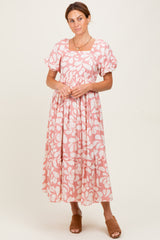 Pink Printed Square Neck Bubble Sleeve Maternity Maxi Dress