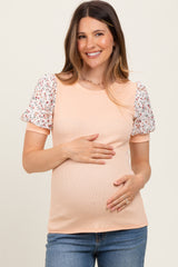 Peach Contrast Floral Puff Sleeve Maternity Top