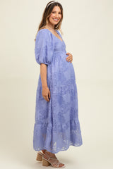 Blue Leaf Textured Tiered Midi Maternity Dress