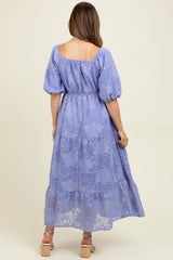 Blue Leaf Textured Tiered Midi Maternity Dress