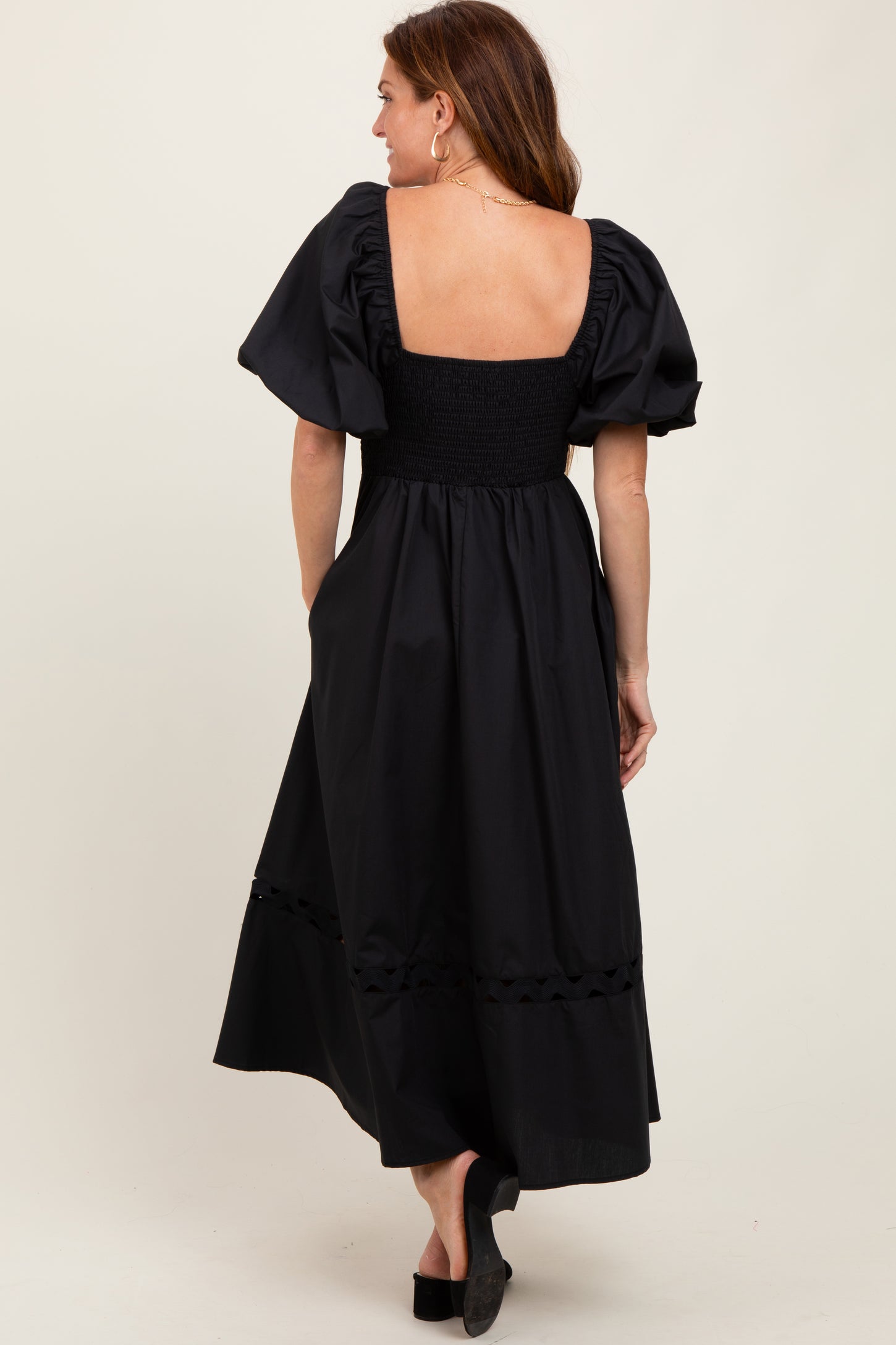 Black Wavy Trim Puff Sleeve Midi Dress