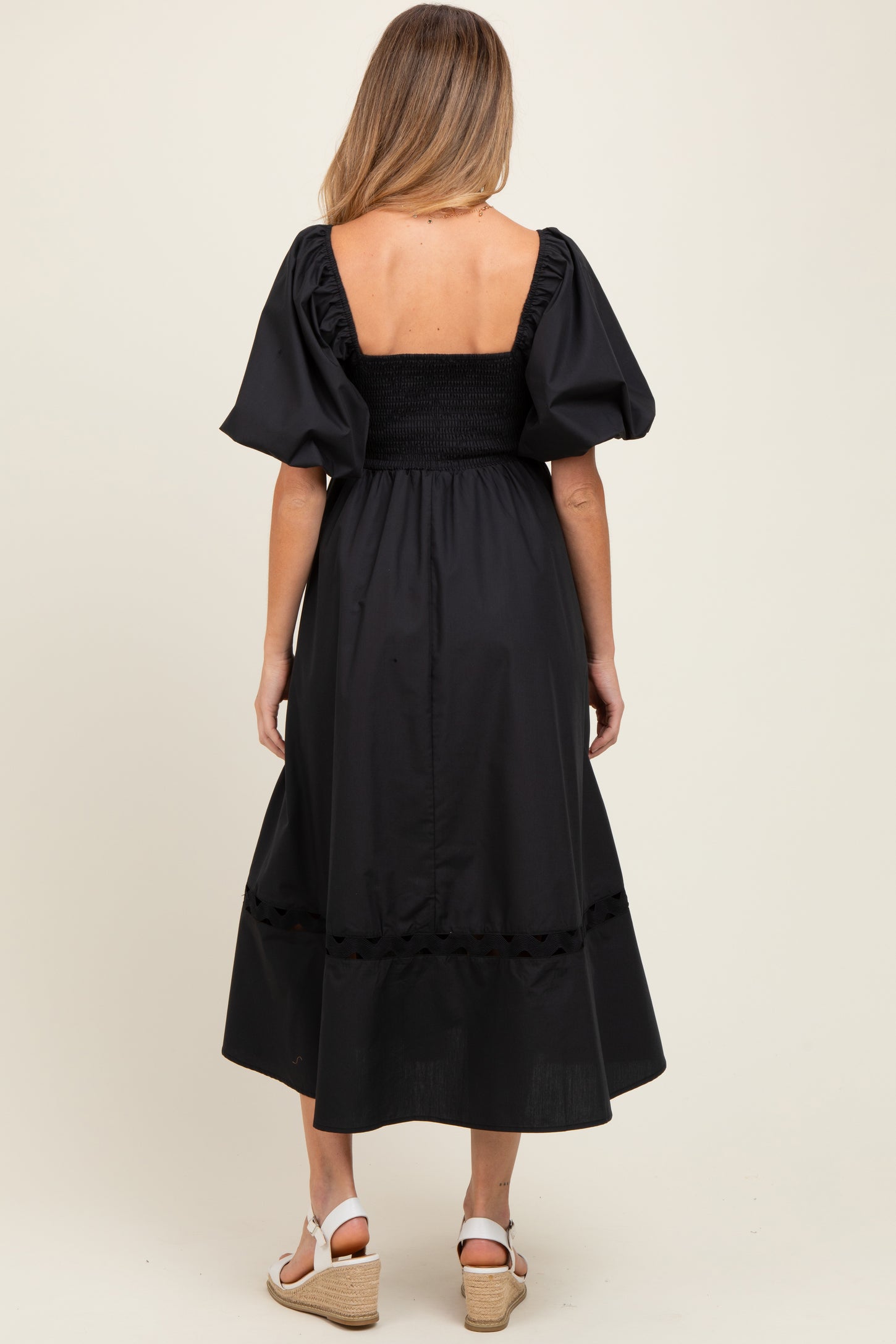 Black Wavy Trim Puff Sleeve Maternity Midi Dress