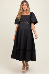 Black Wavy Trim Puff Sleeve Maternity Midi Dress