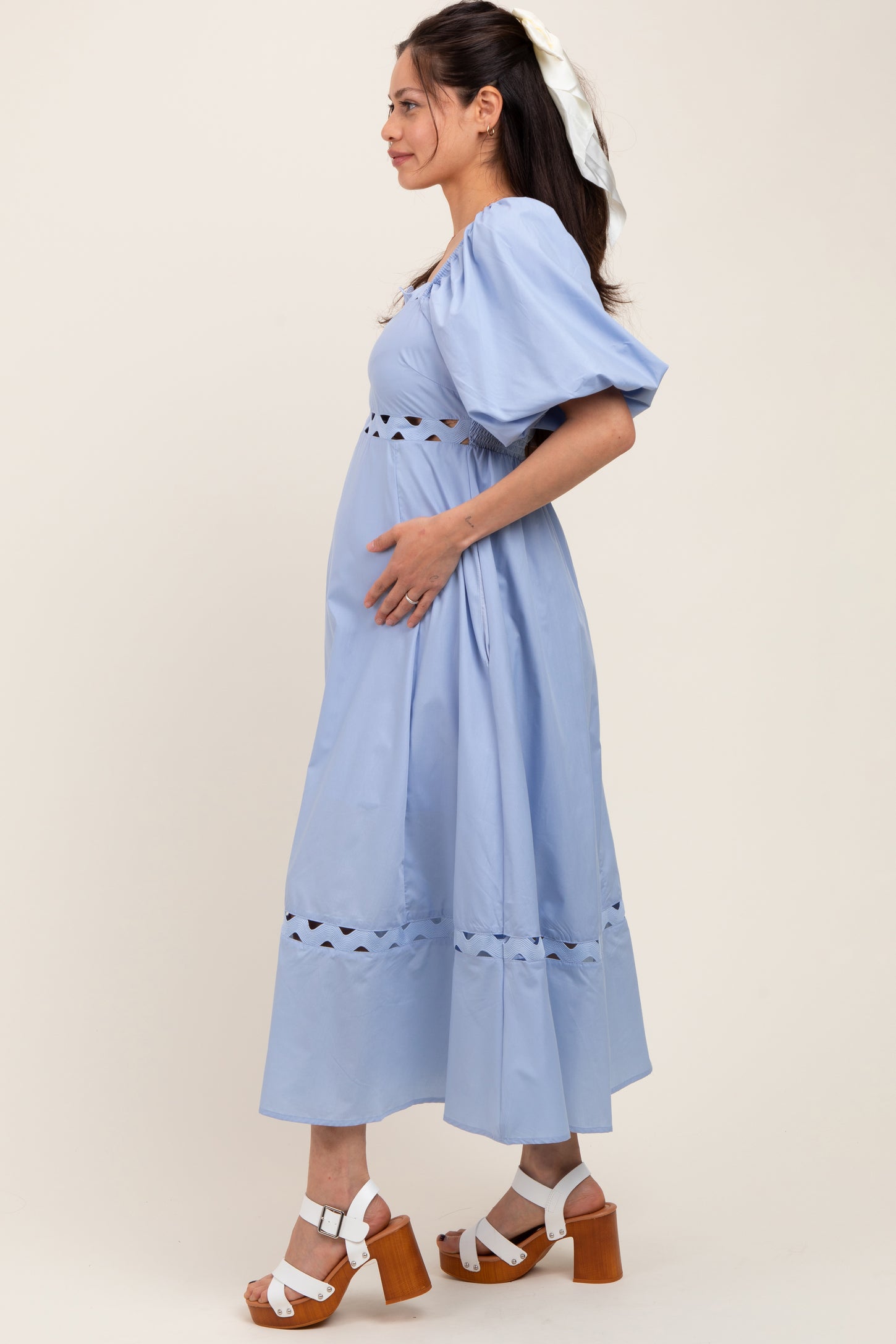 Blue Wavy Trim Puff Sleeve Maternity Midi Dress PinkBlush Blue Wavy Trim Puff Sleeve Maternity Midi Dress PinkBlush