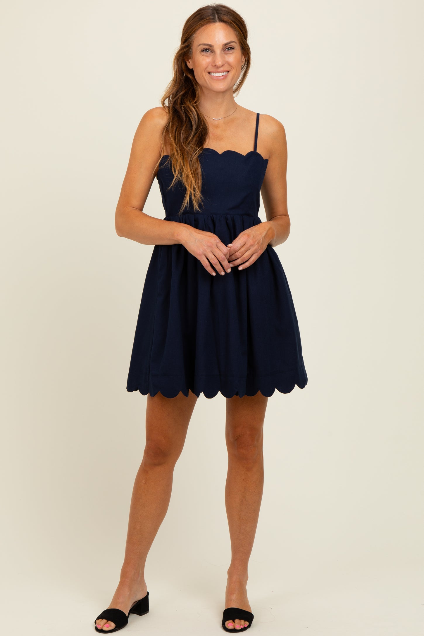 Navy Scallop Edge Cutout Tie Back Mini Dress