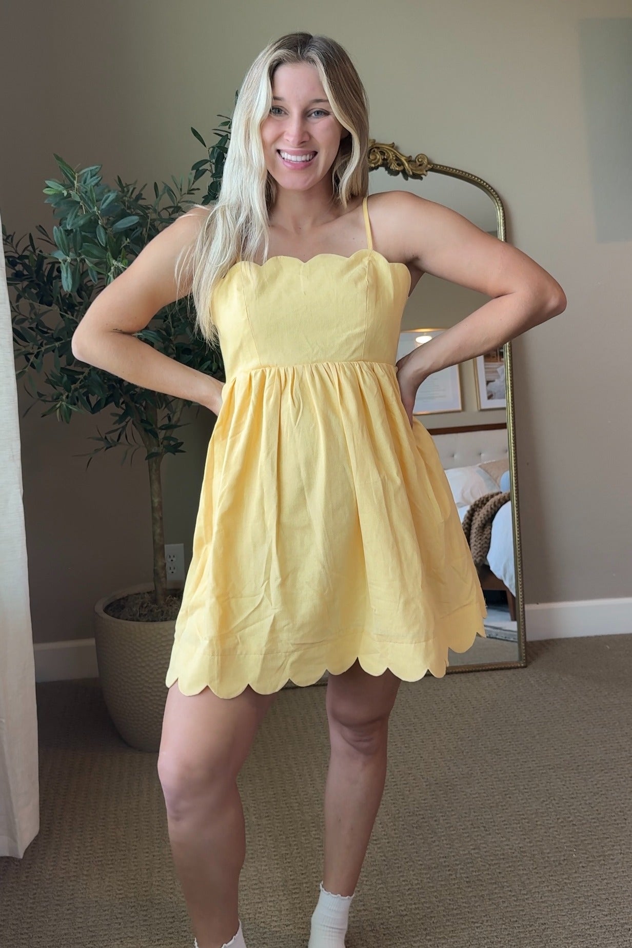 Yellow Scallop Edge Cutout Tie Back Maternity Mini Dress