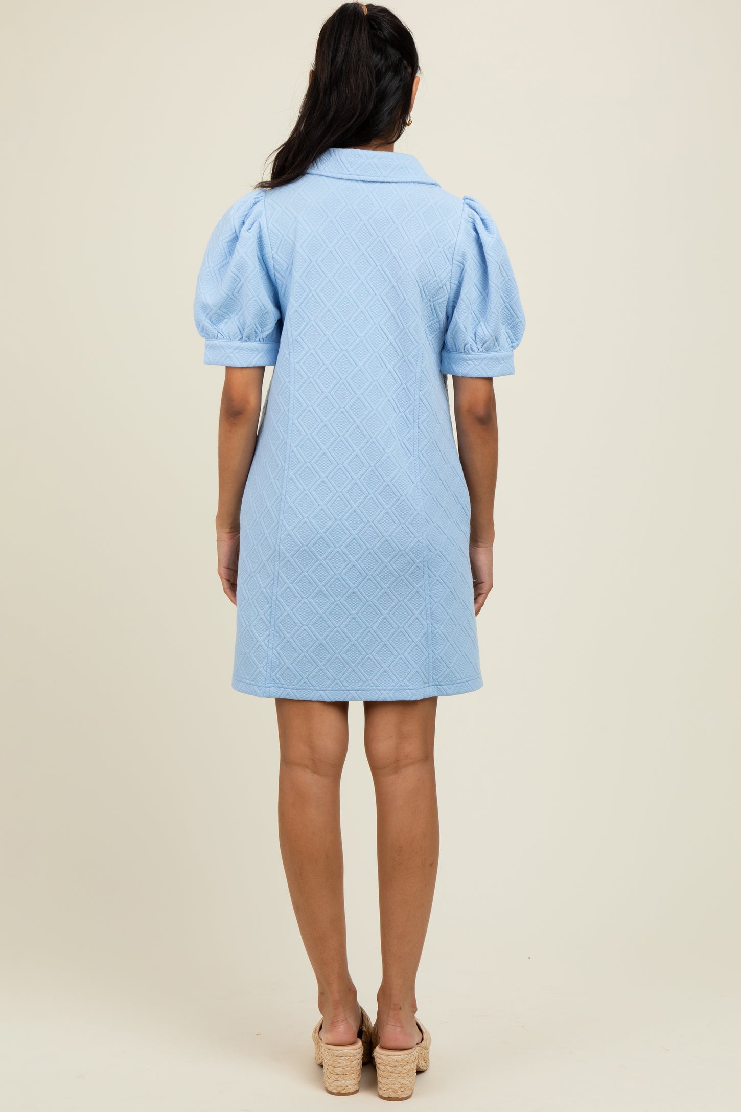 Light Blue Jacquard 1/4 Zip Mini Shirt Dress